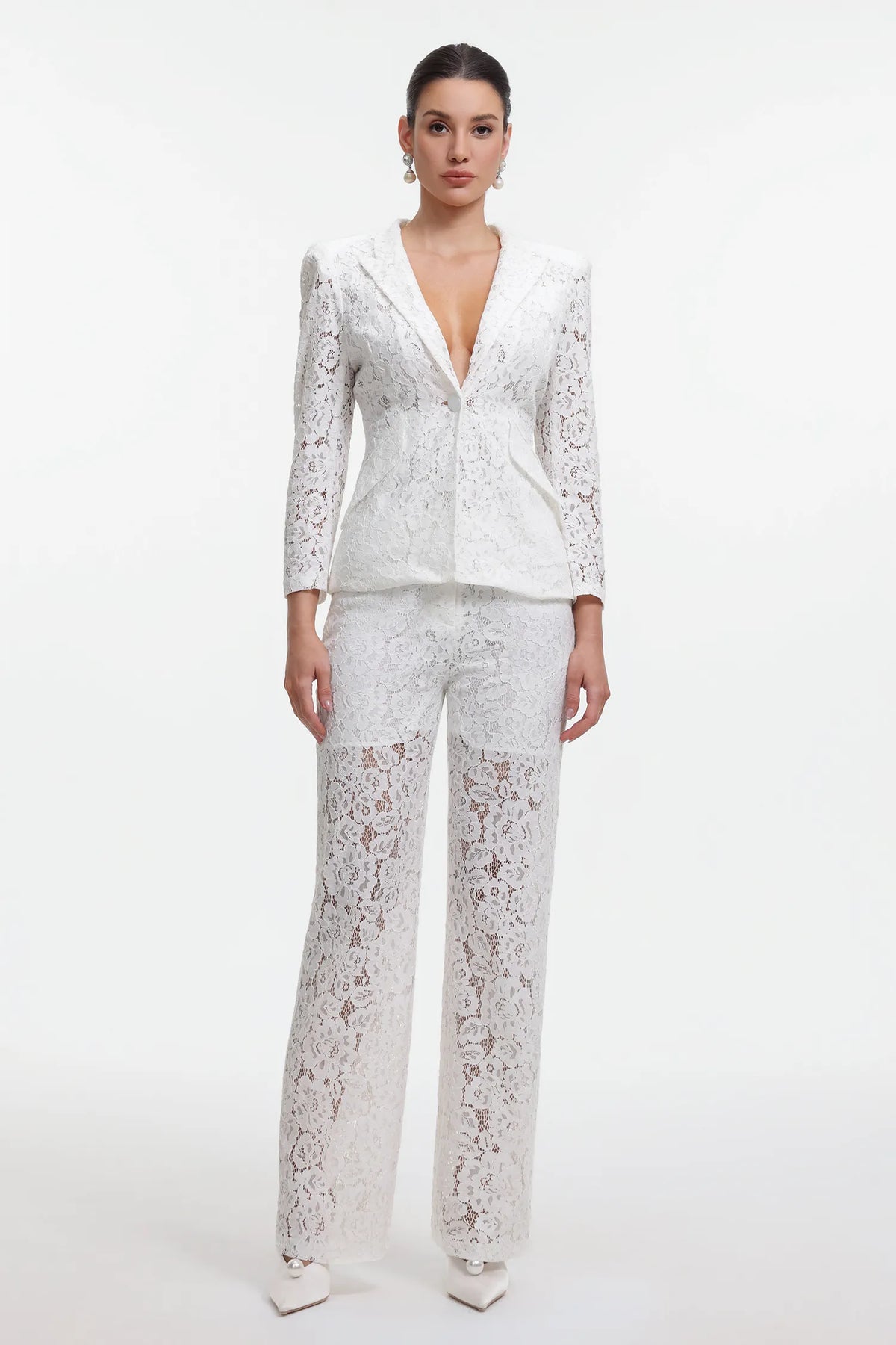 White Floral Lace Blazer Wide Leg Trouser Two Piece Set | Velvyra Paris