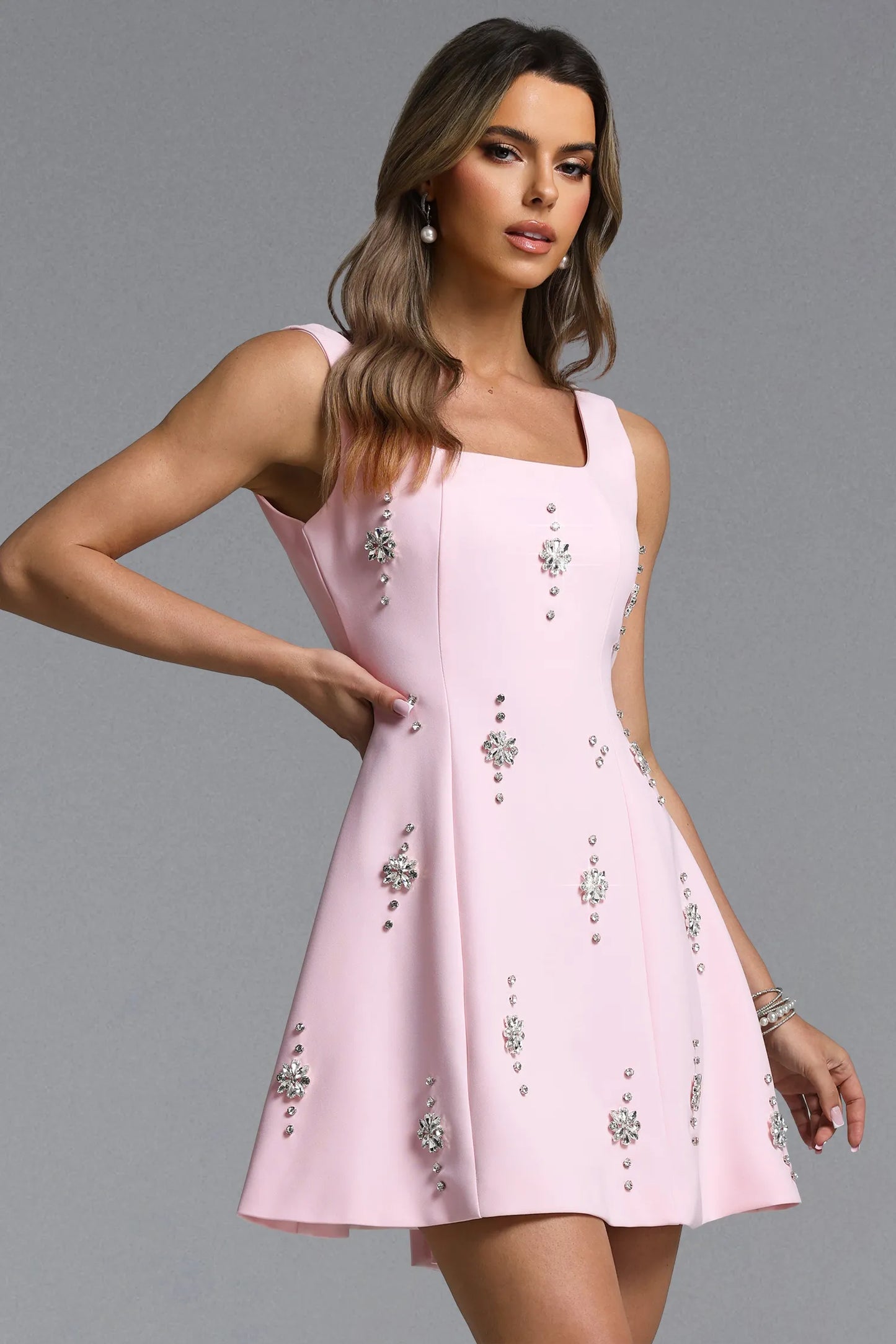 Falisa | Tailored Square Neck Rhinestone Mini Dress