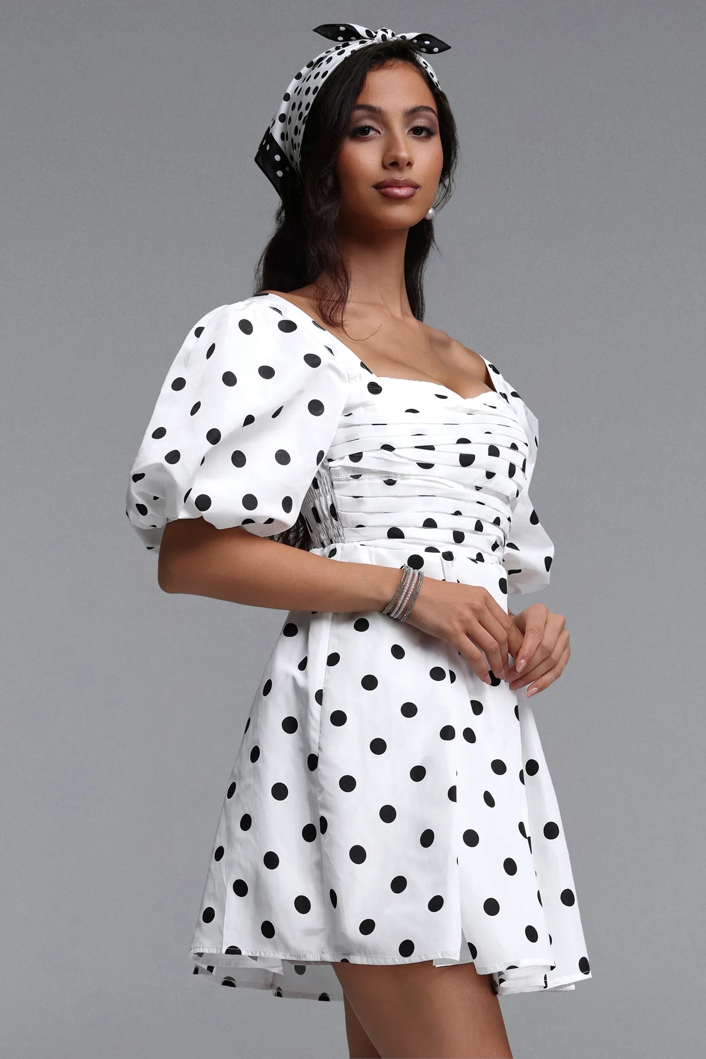 Kaitlyn | Classic Puff Sleeve Polka Dot Ruched Mini Dress