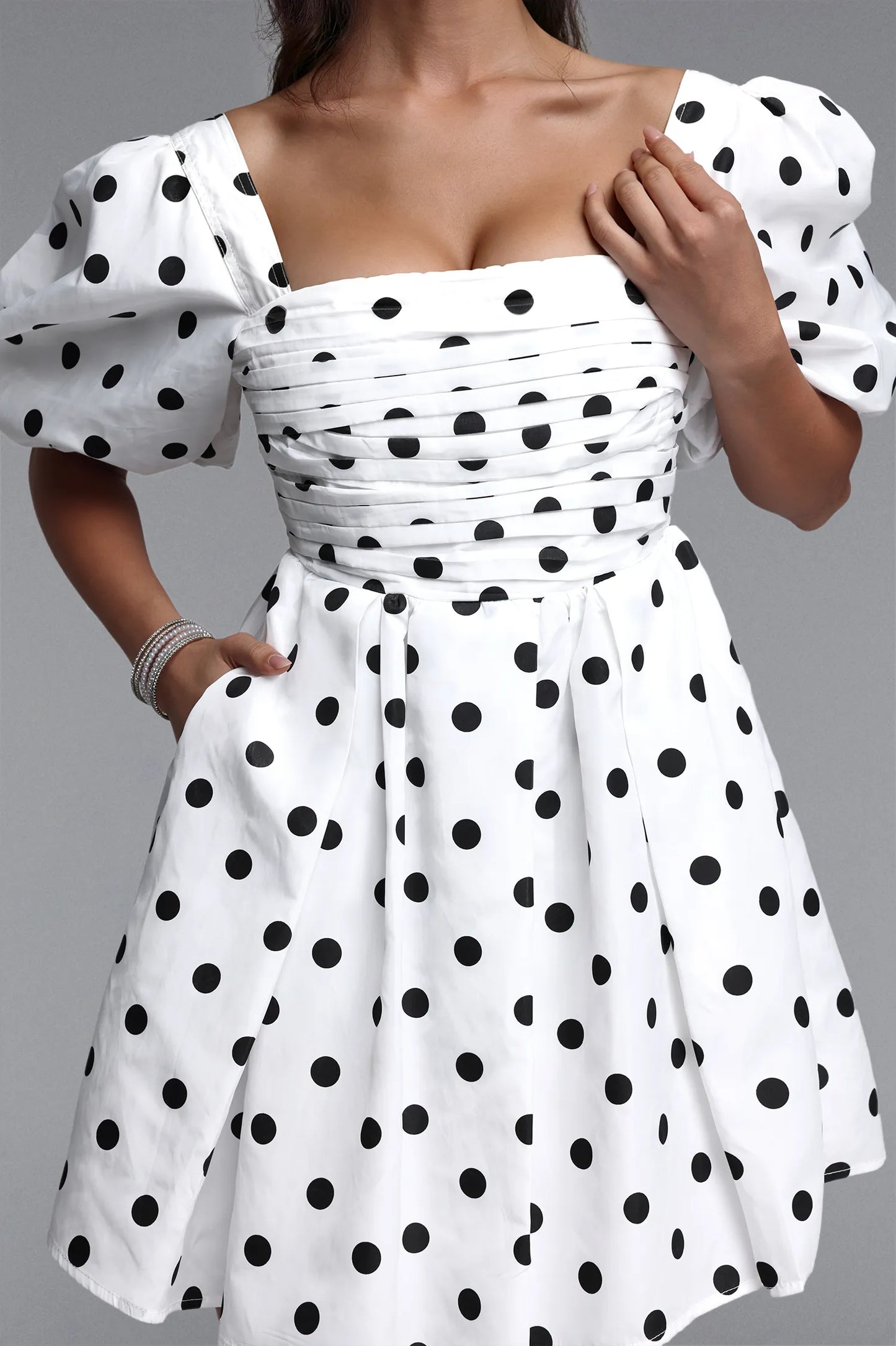 Kaitlyn | Classic Puff Sleeve Polka Dot Ruched Mini Dress