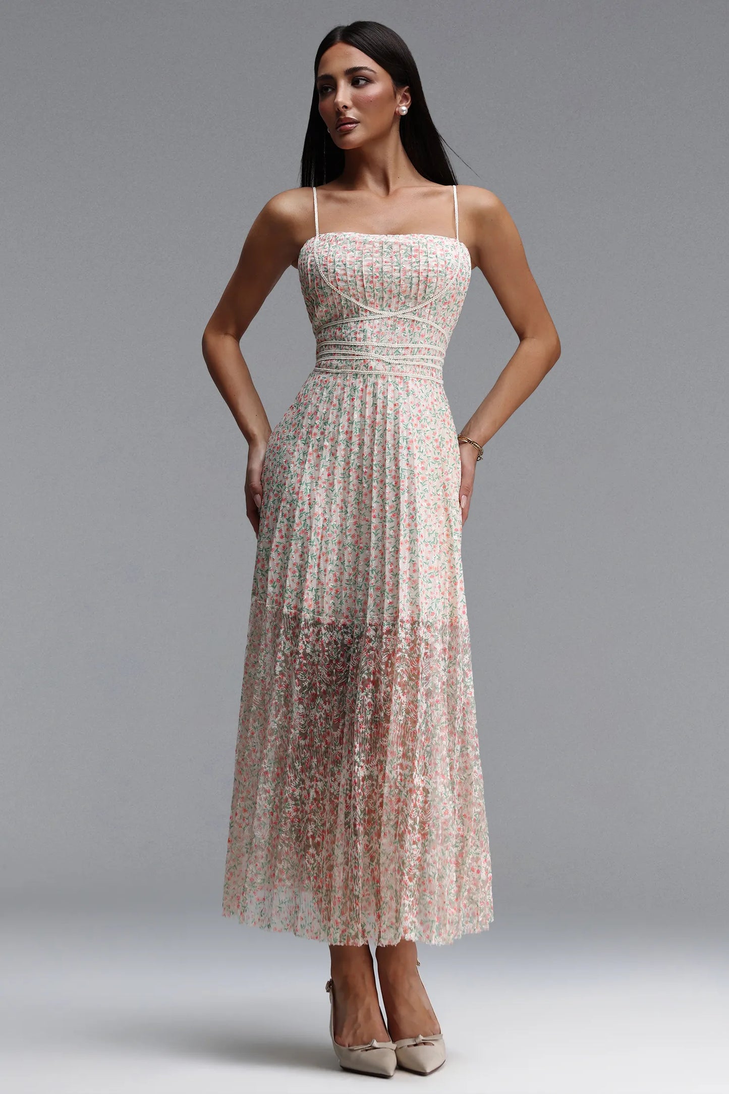 Facia | Cinched Sleeveless Floral Print Pleated Maxi Dress