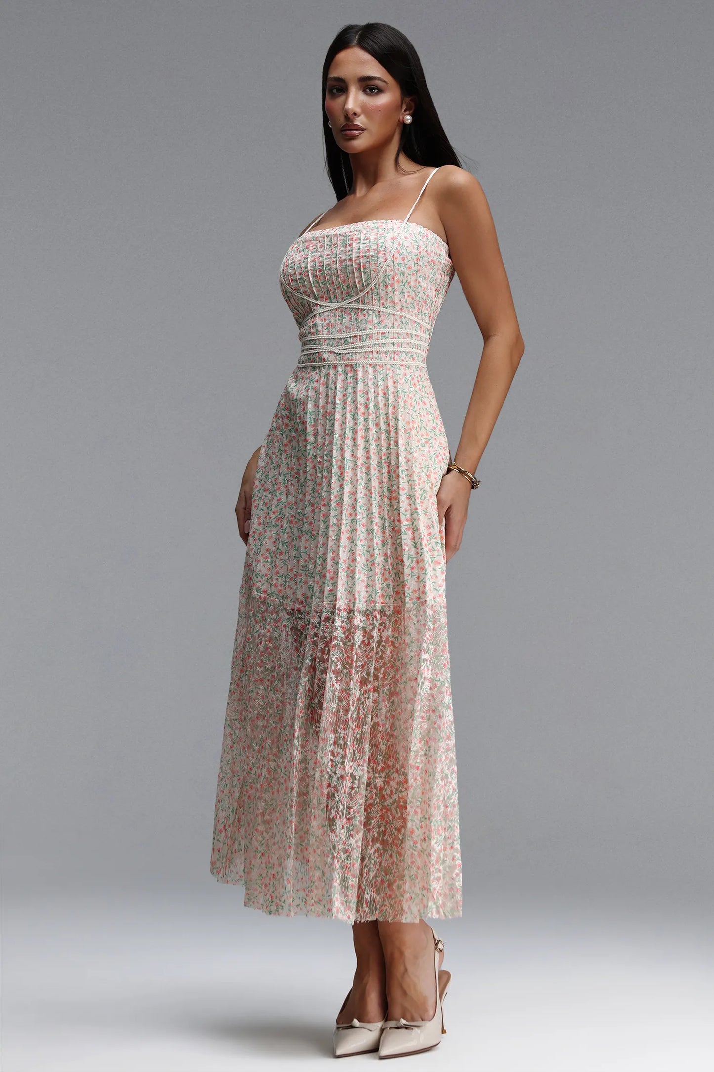 Facia | Cinched Sleeveless Floral Print Pleated Maxi Dress