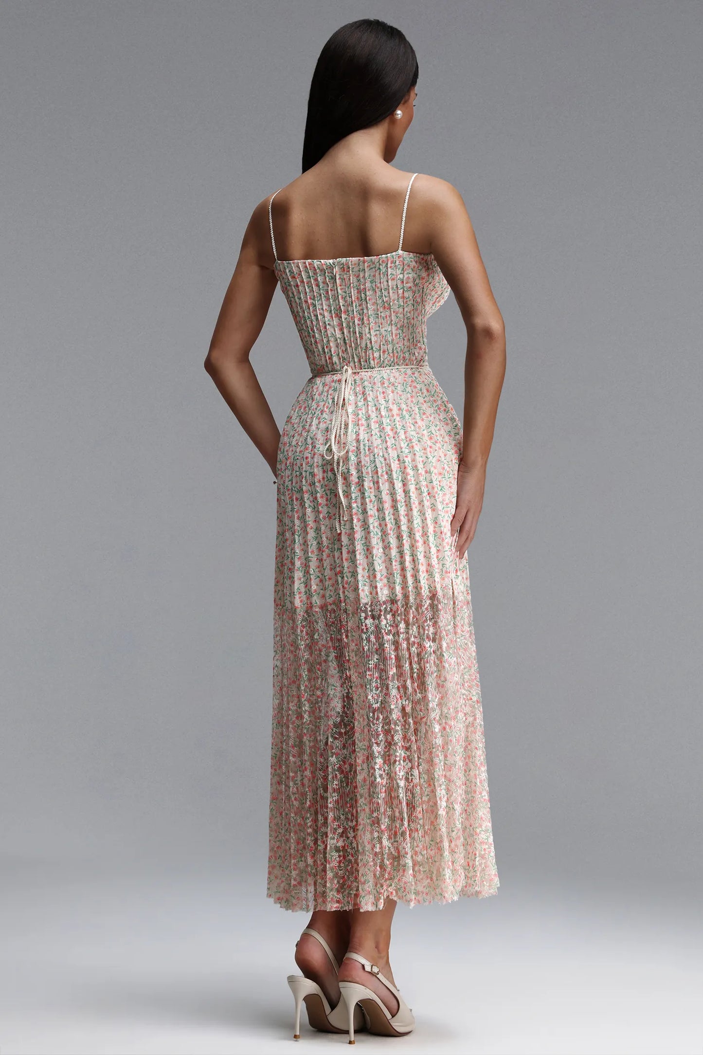 Facia | Cinched Sleeveless Floral Print Pleated Maxi Dress