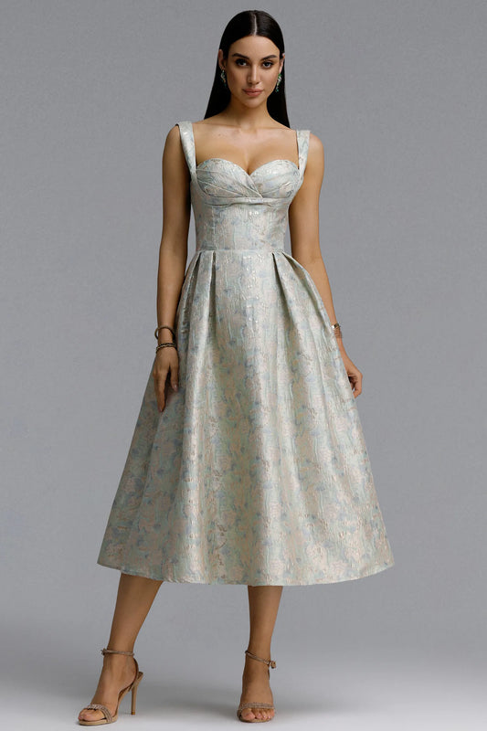 Sage Green Floral Jacquard Sweetheart Bustier Pleated Midi Dress | Velvyra Paris