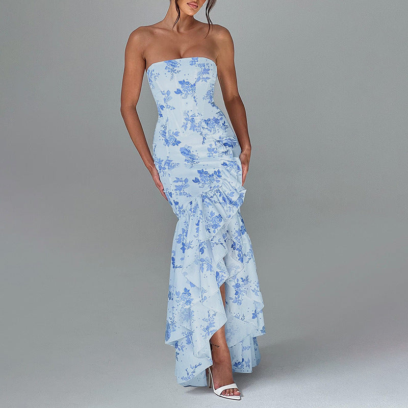 Floral Tube Top Dress with Ruffled Hem and Slit