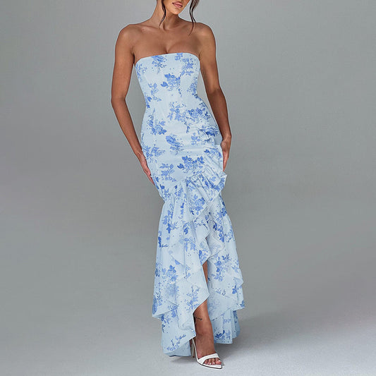 Floral Tube Top Dress with Ruffled Hem and Slit