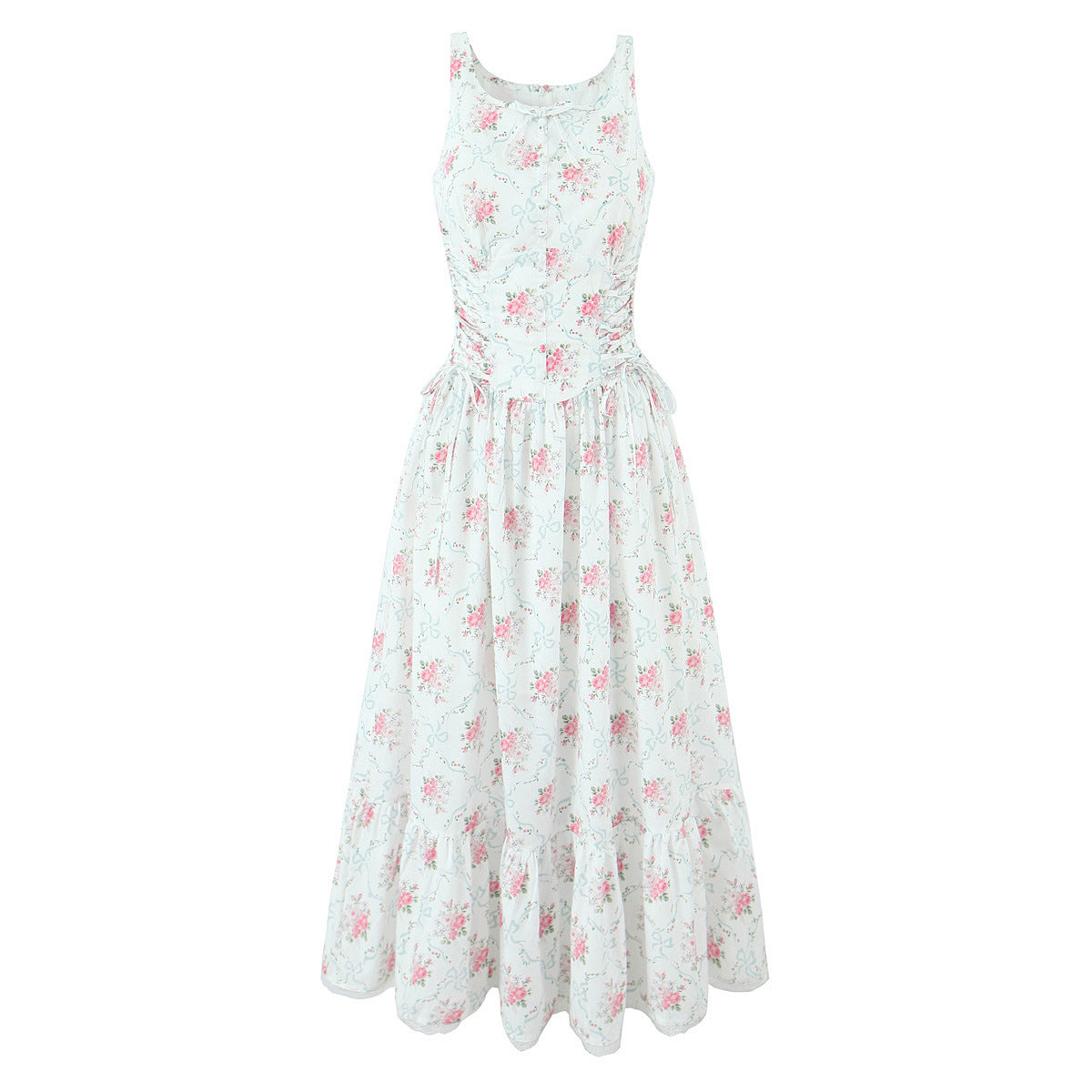 Rose print stretch cotton lace-up midi dress