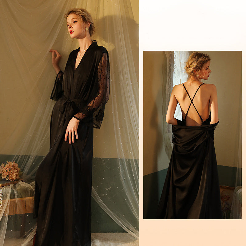 Vestido camisola sexy de malha com costura de cetim e pijama de duas peças
