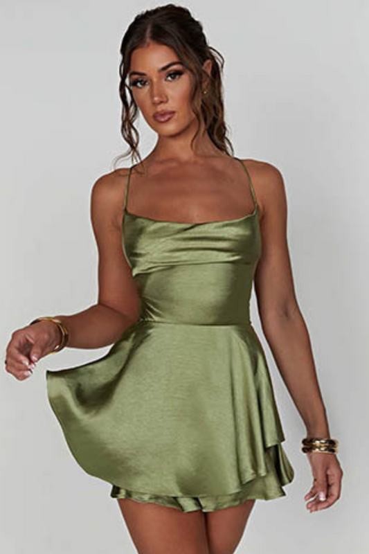 Annelise | Elegant Satin Suspender Skirt & LaceUp A Line Dress