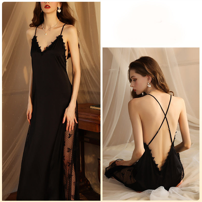 Vestido camisola sexy de malha com costura de cetim e pijama de duas peças