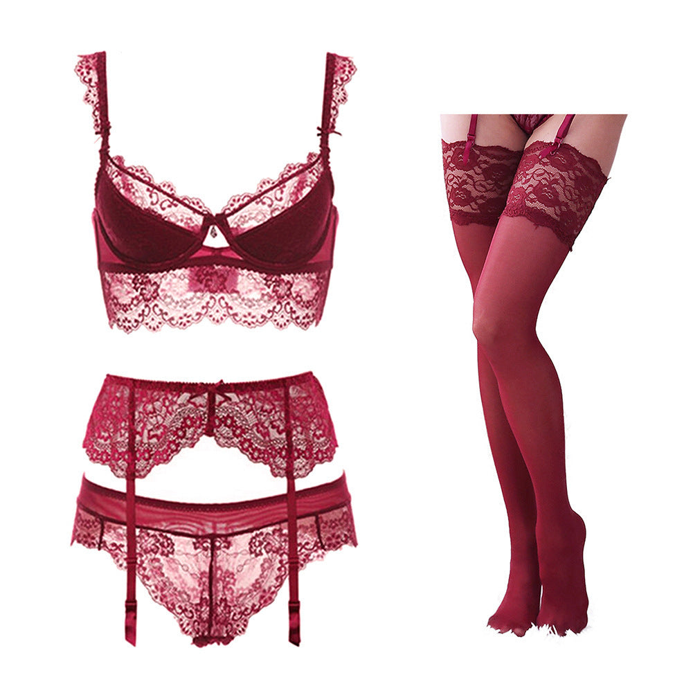 Conjunto de sutiã de renda vermelho vinho estilo corte feminino