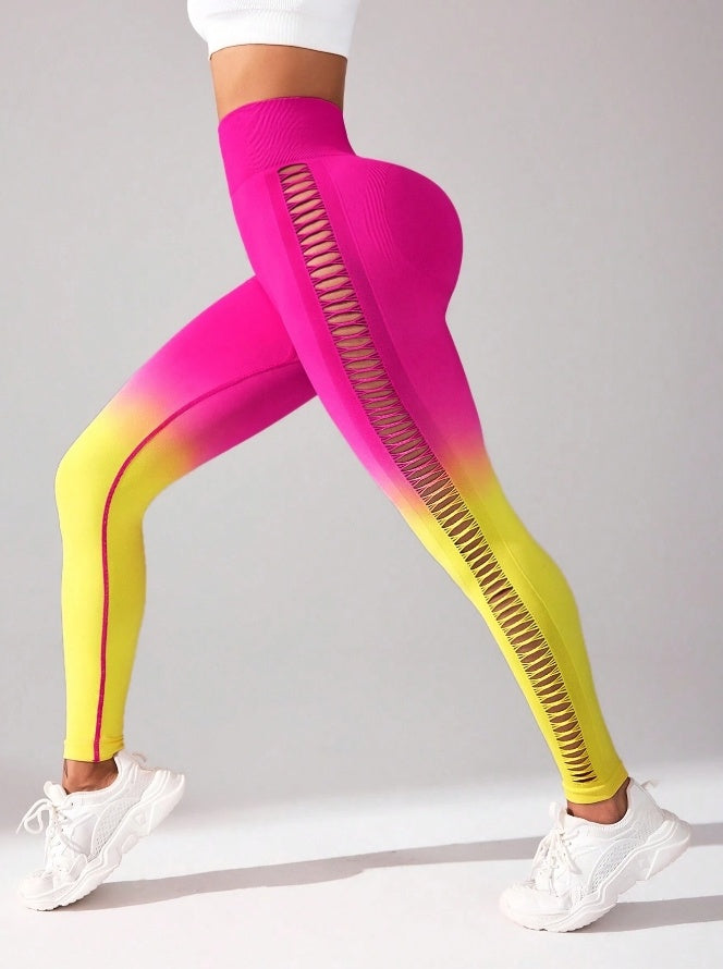 Pantalones de yoga de cintura alta con degradado para mujer, leggings con cortes, realzadores de glúteos, mallas largas deportivas para entrenamiento físico, ropa deportiva transpirable
