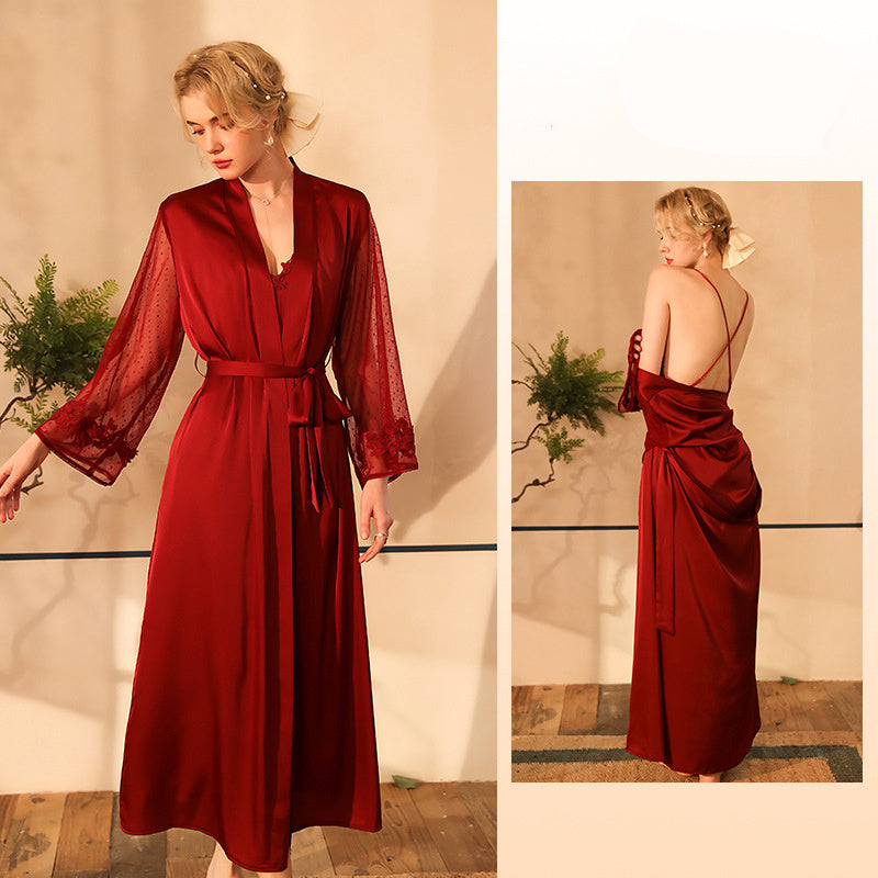Vestido camisola sexy de malha com costura de cetim e pijama de duas peças