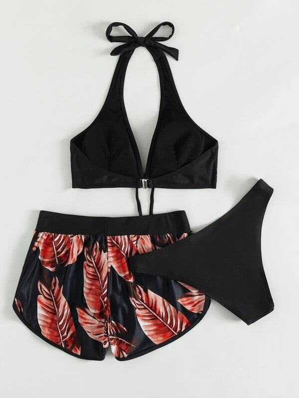 Biquíni com estampa de folhas e shorts 3 peças