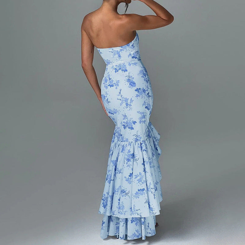 Floral Tube Top Dress with Ruffled Hem and Slit