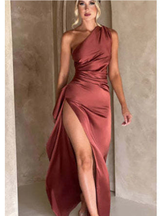Vivienne | One-Shoulder Backless Slit Satin Dress