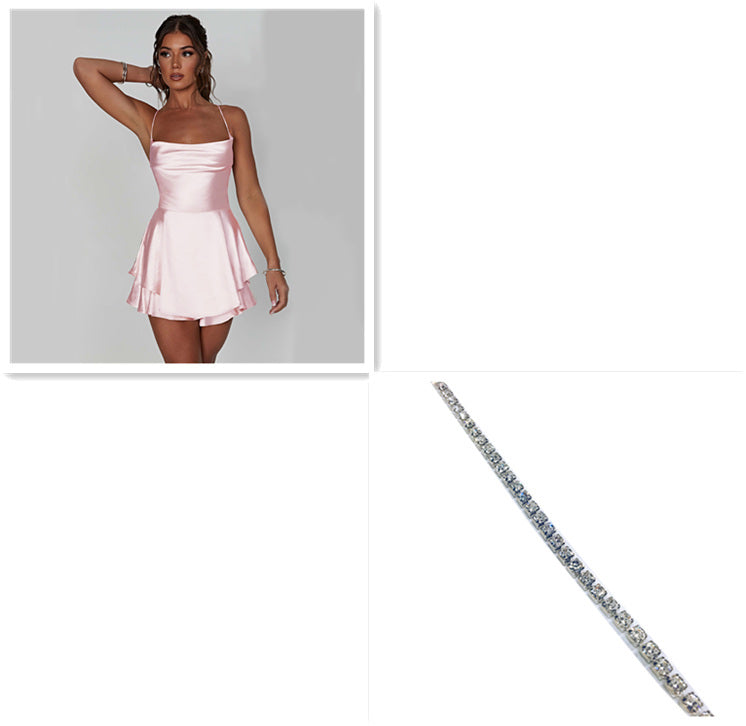 Annelise | Elegant Satin Suspender Skirt & LaceUp A Line Dress