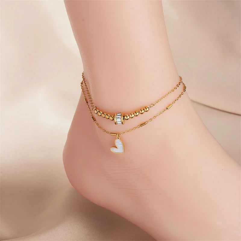 Joyería de moda Boho clásico amor corazón tobillo cadena doble capa cadena pulsera tobillera encanto borla pierna cadena en pie mujeres fiesta joyería accesorios
