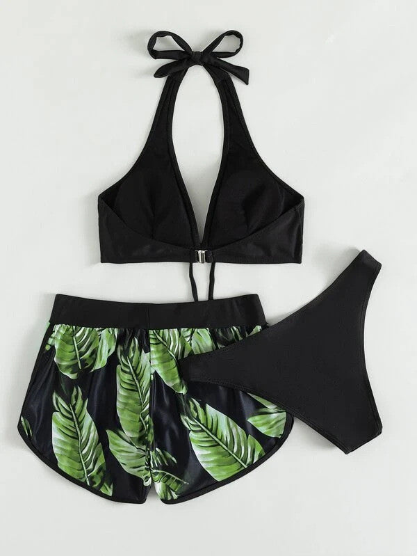 Biquíni com estampa de folhas e shorts 3 peças