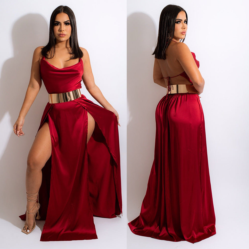 Elodie | Sling Backless Dress with Collar & Side Slit