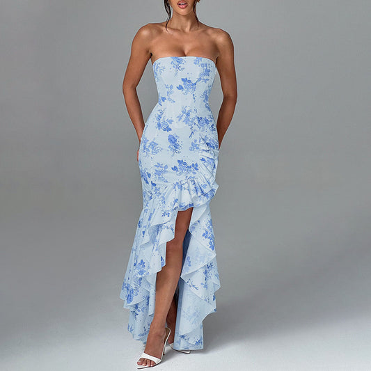 Floral Tube Top Dress with Ruffled Hem and Slit