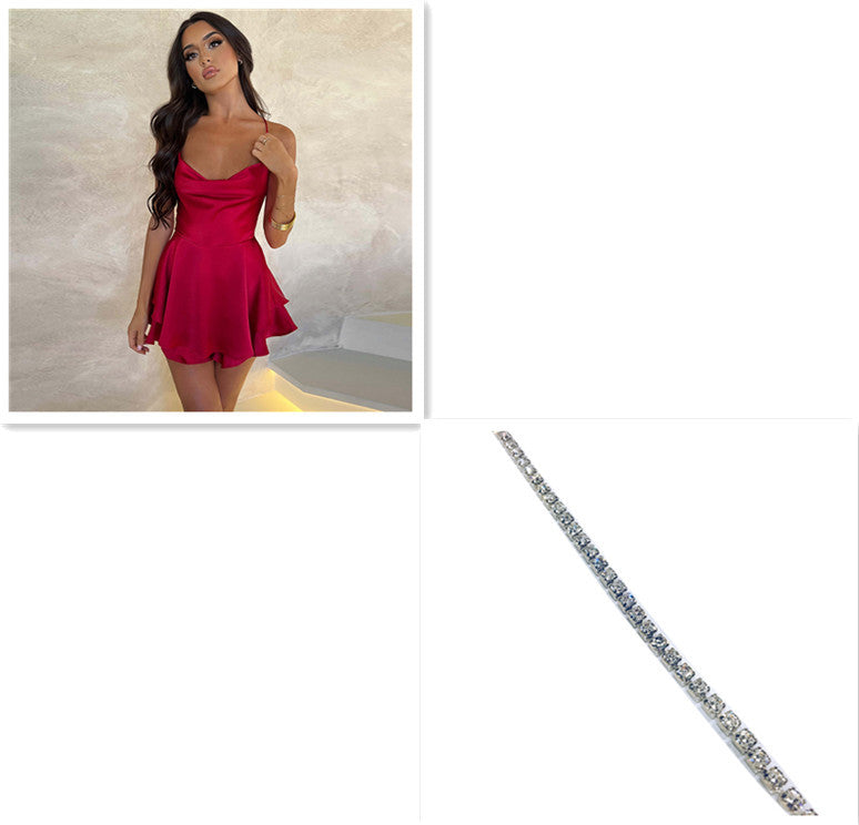 Annelise | Elegant Satin Suspender Skirt & LaceUp A Line Dress