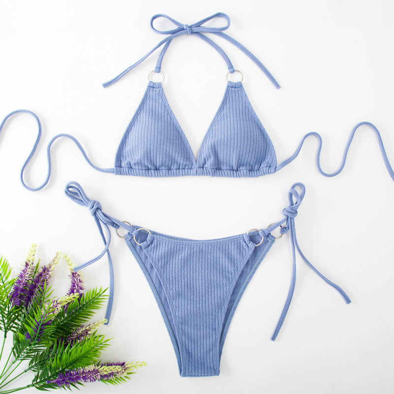 Conjunto de biquíni sexy de verão com amarração lateral e tanga estilo bandagem