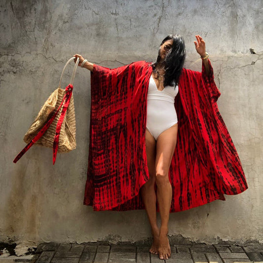 Saídas de biquíni Boho estampadas com franjas, cardigan longo tipo quimono, túnica