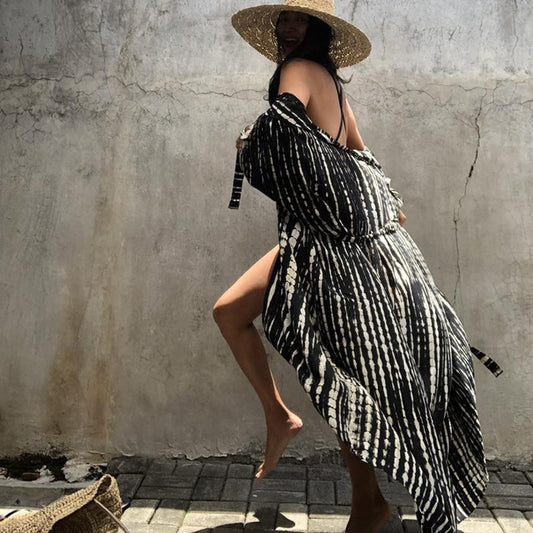Saídas de biquíni Boho estampadas com franjas, cardigan longo tipo quimono, túnica