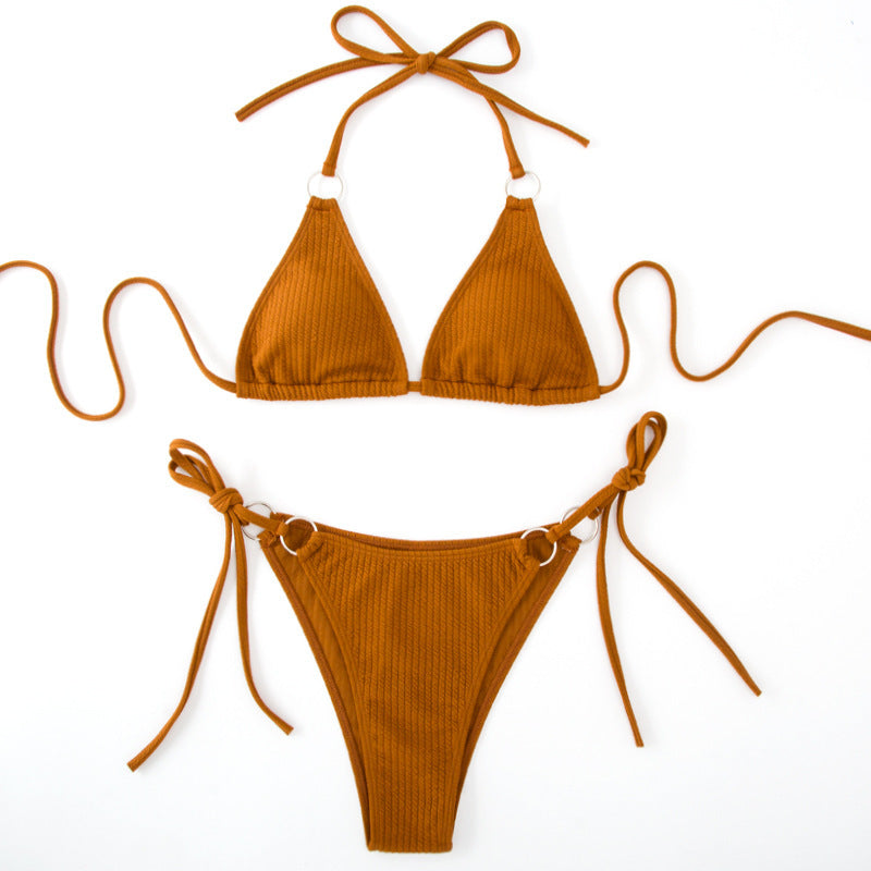 Conjunto de biquíni sexy de verão com amarração lateral e tanga estilo bandagem