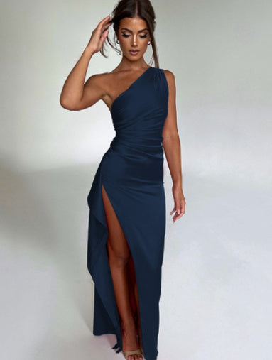 Vivienne | One-Shoulder Backless Slit Satin Dress