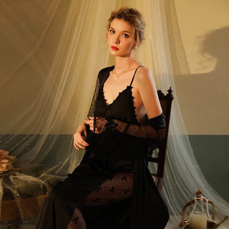 Vestido camisola sexy de malha com costura de cetim e pijama de duas peças