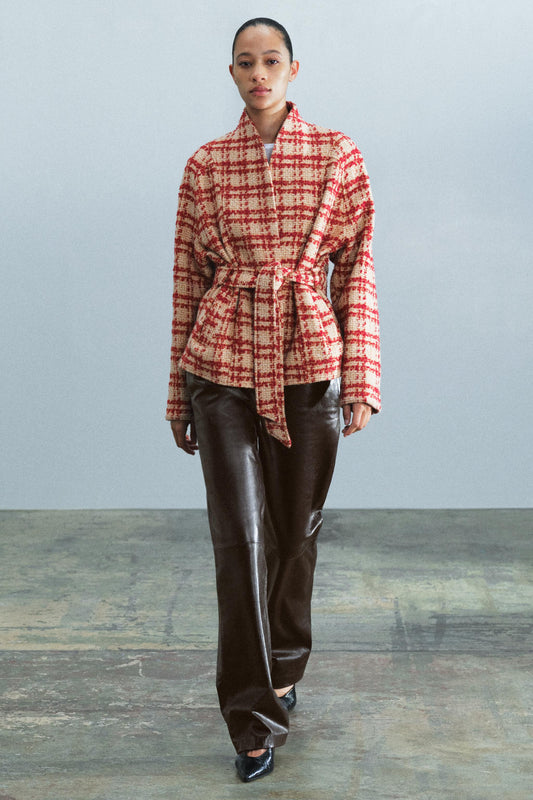 Red Cream Check Tweed Wrap Jacket Shawl Collar Tie Belt | Velvyra Paris