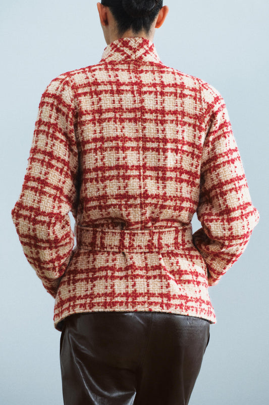 Red Cream Check Tweed Wrap Jacket Shawl Collar Tie Belt View 2 | Velvyra Paris