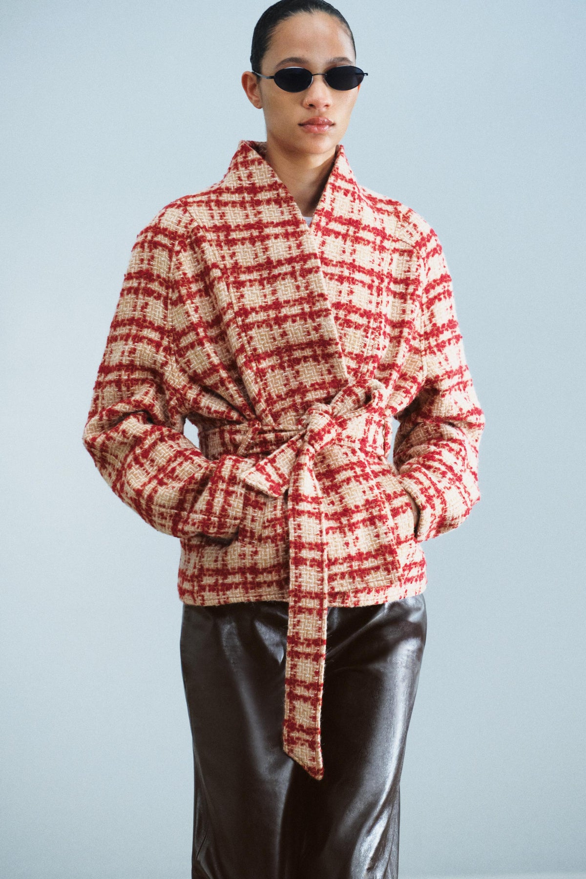 Red Cream Check Tweed Wrap Jacket Shawl Collar Tie Belt View 3 | Velvyra Paris