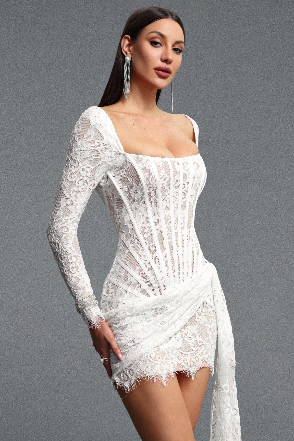 Alexia | Lace Corset Square Neck Long Sleeve Corset Lace Mini Dress