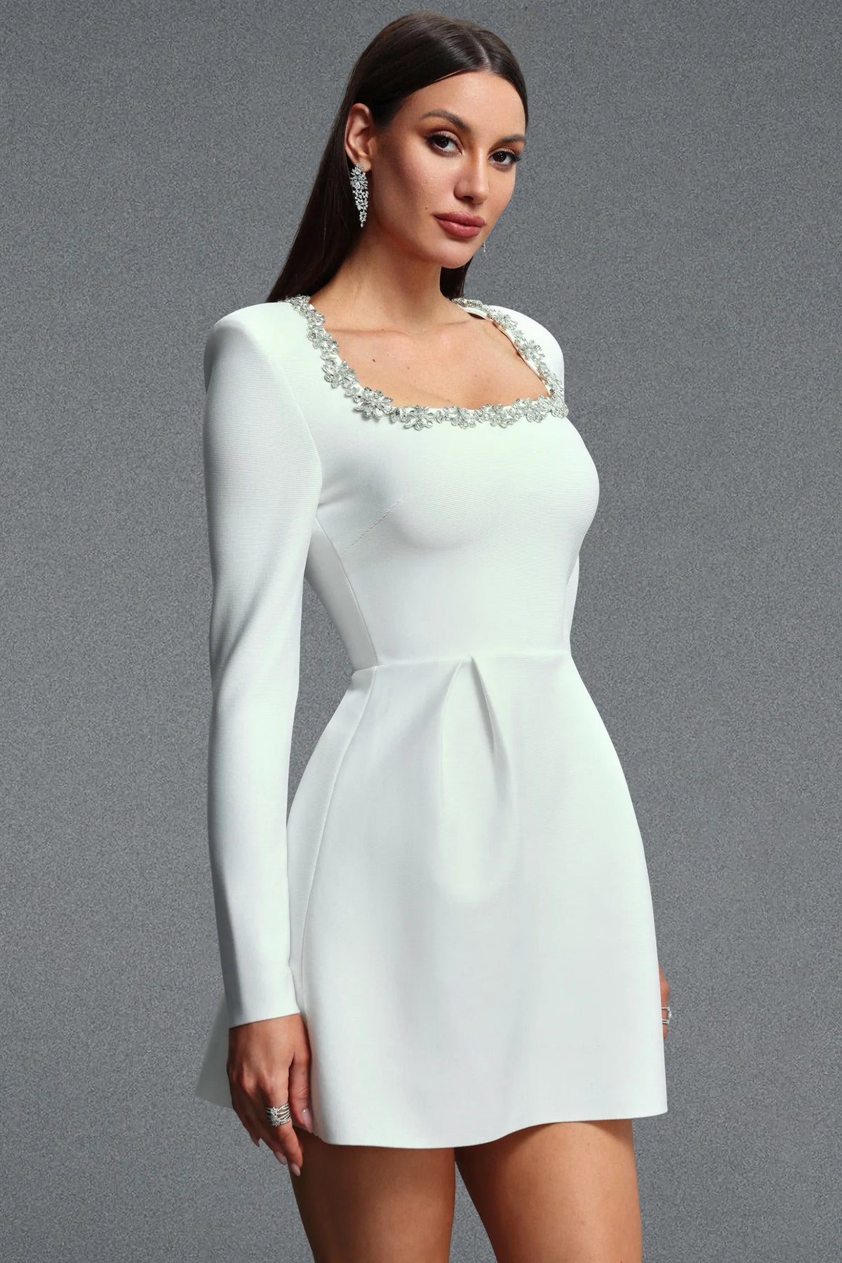 Ivory | Crystal Trim Square Neck Long Sleeve Mini Dress