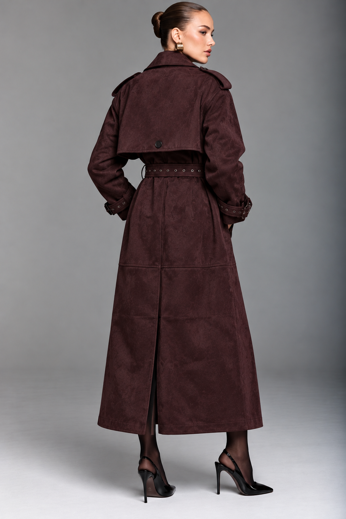Aubrey | Double Breasted Suede Long Trench Coat with Belt