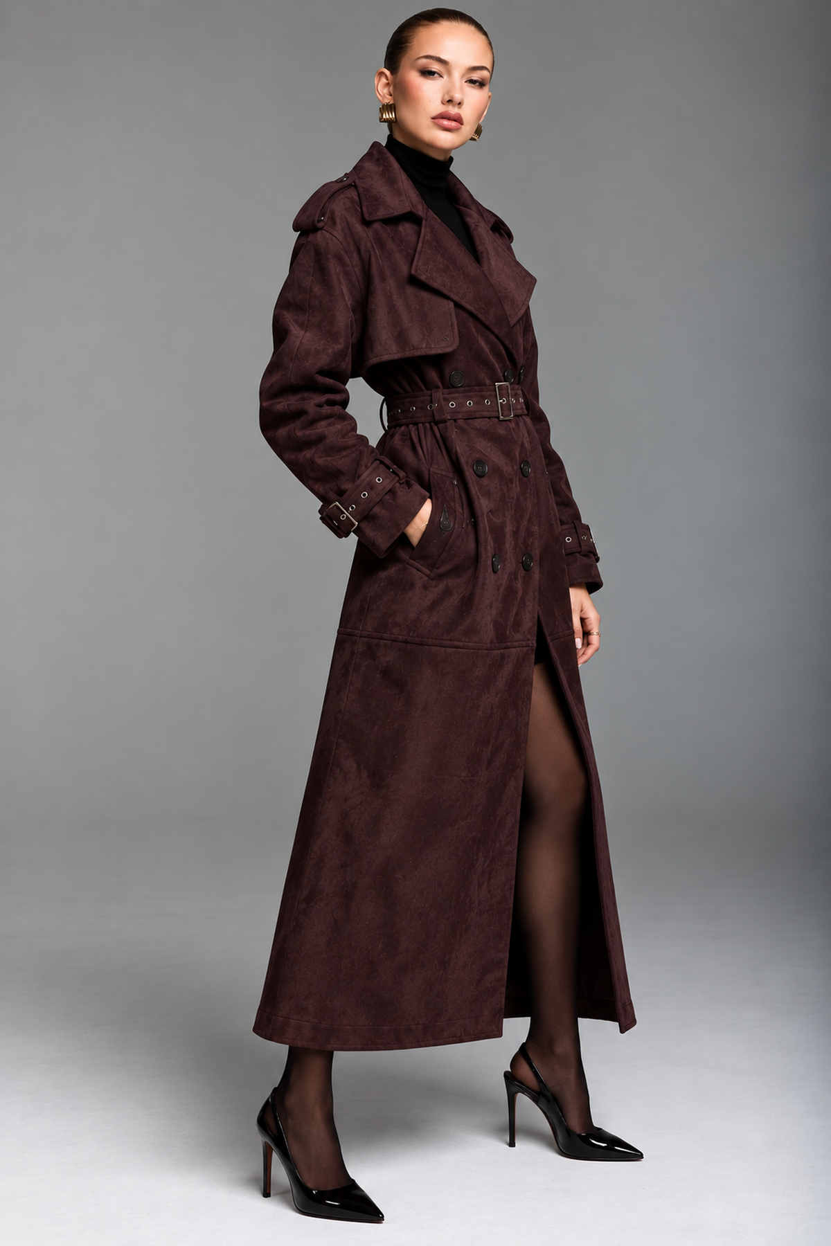 Aubrey | Double Breasted Suede Long Trench Coat with Belt