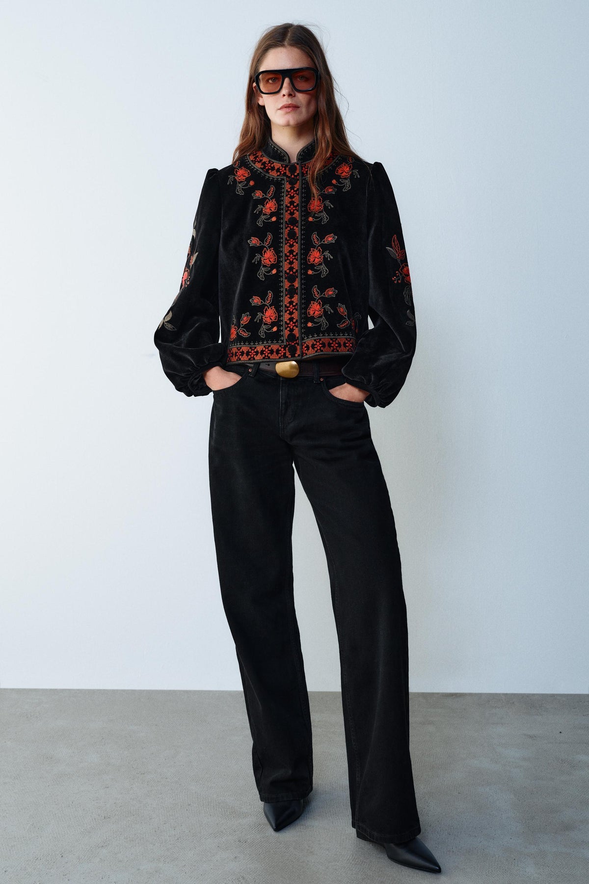 Black Velvet Cropped Jacket Coral Rose Sage Floral Embroidery Stand Collar | Velvyra Paris