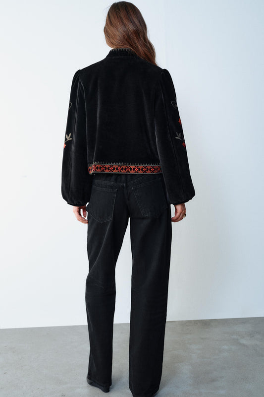 Black Velvet Cropped Jacket Coral Rose Sage Floral Embroidery Stand Collar View 2 | Velvyra Paris