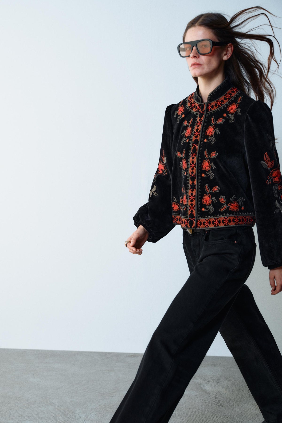 Black Velvet Cropped Jacket Coral Rose Sage Floral Embroidery Stand Collar View 3 | Velvyra Paris