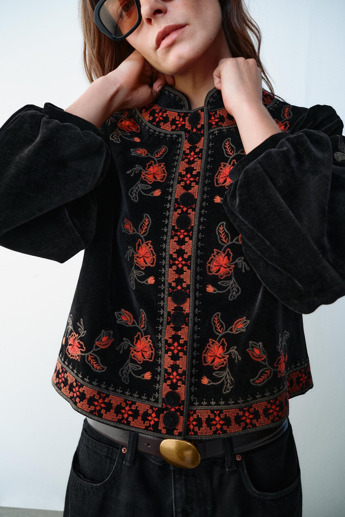 Black Velvet Cropped Jacket Coral Rose Sage Floral Embroidery Stand Collar View 4 | Velvyra Paris