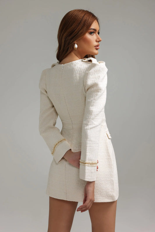 Round Neck Button Tweed Dress for Women – Elegant & Stylish