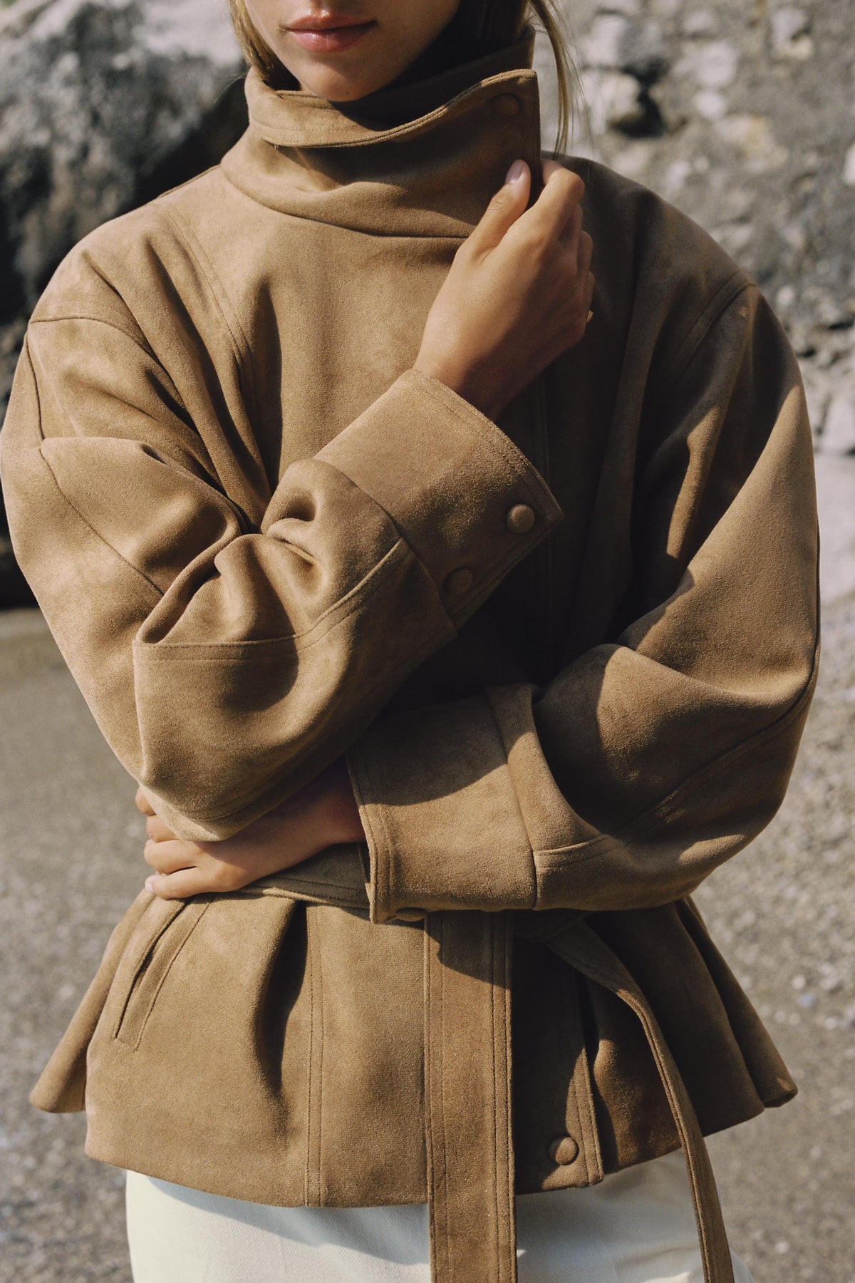 Dark Mink Dark Camel Faux Suede Stand Collar Belted Jacket View 4 | Velvyra Paris