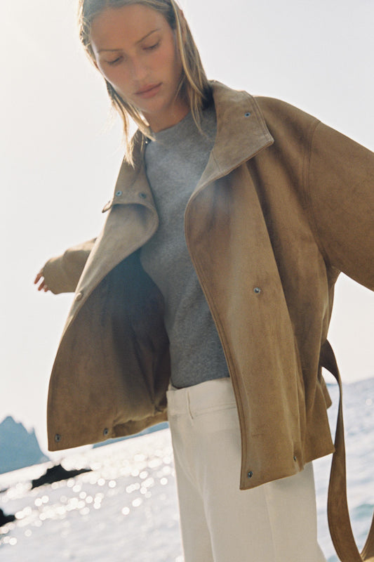 Dark Mink Dark Camel Faux Suede Stand Collar Belted Jacket | Velvyra Paris