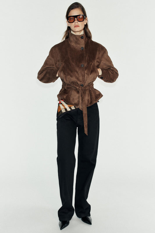 Chocolate Brown Faux Suede Belted Cropped Jacket Stand Collar | Velvyra Paris