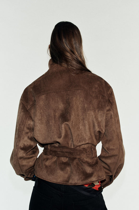 Chocolate Brown Faux Suede Belted Cropped Jacket Stand Collar View 2 | Velvyra Paris