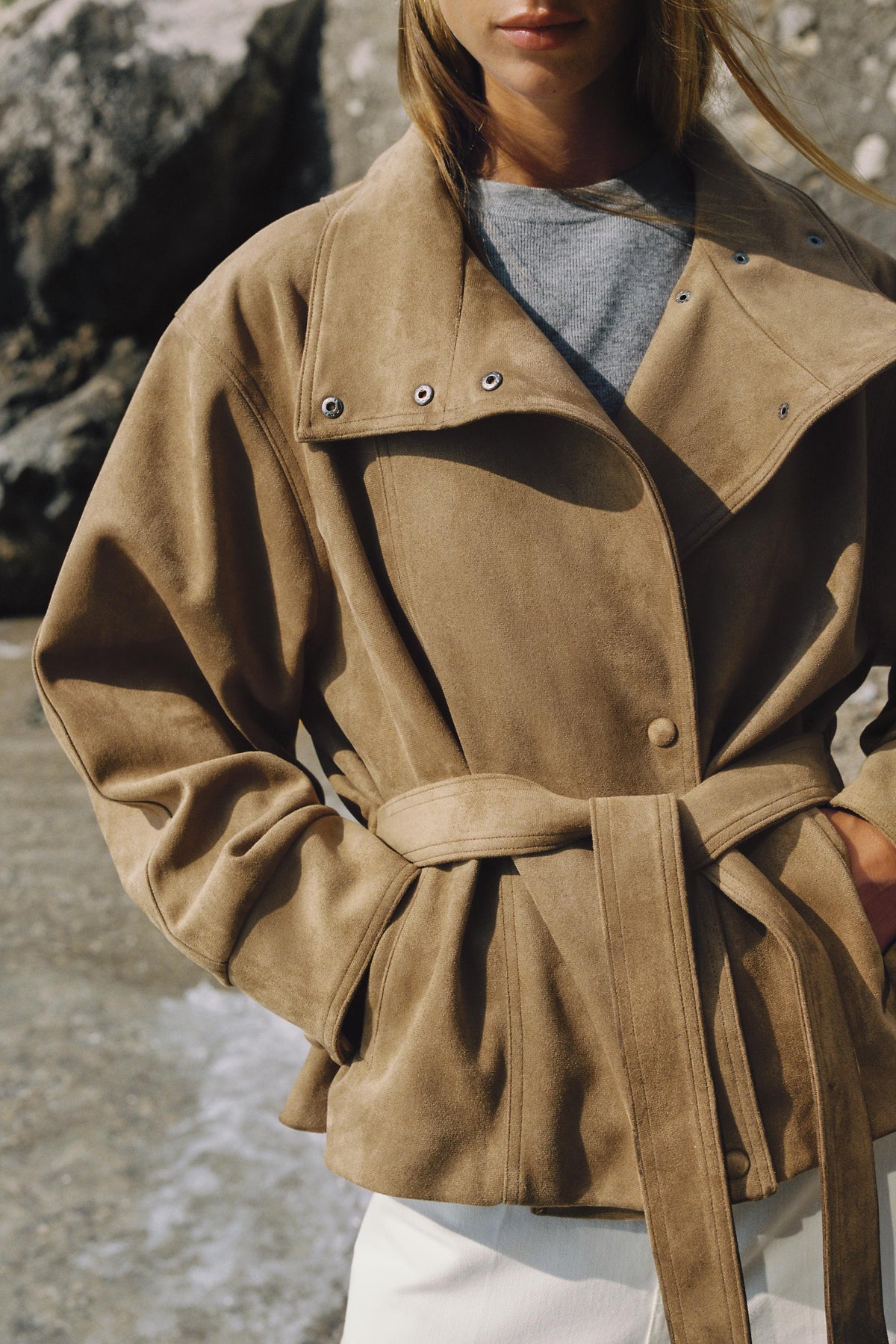 Dark Mink Dark Camel Faux Suede Stand Collar Belted Jacket View 3 | Velvyra Paris