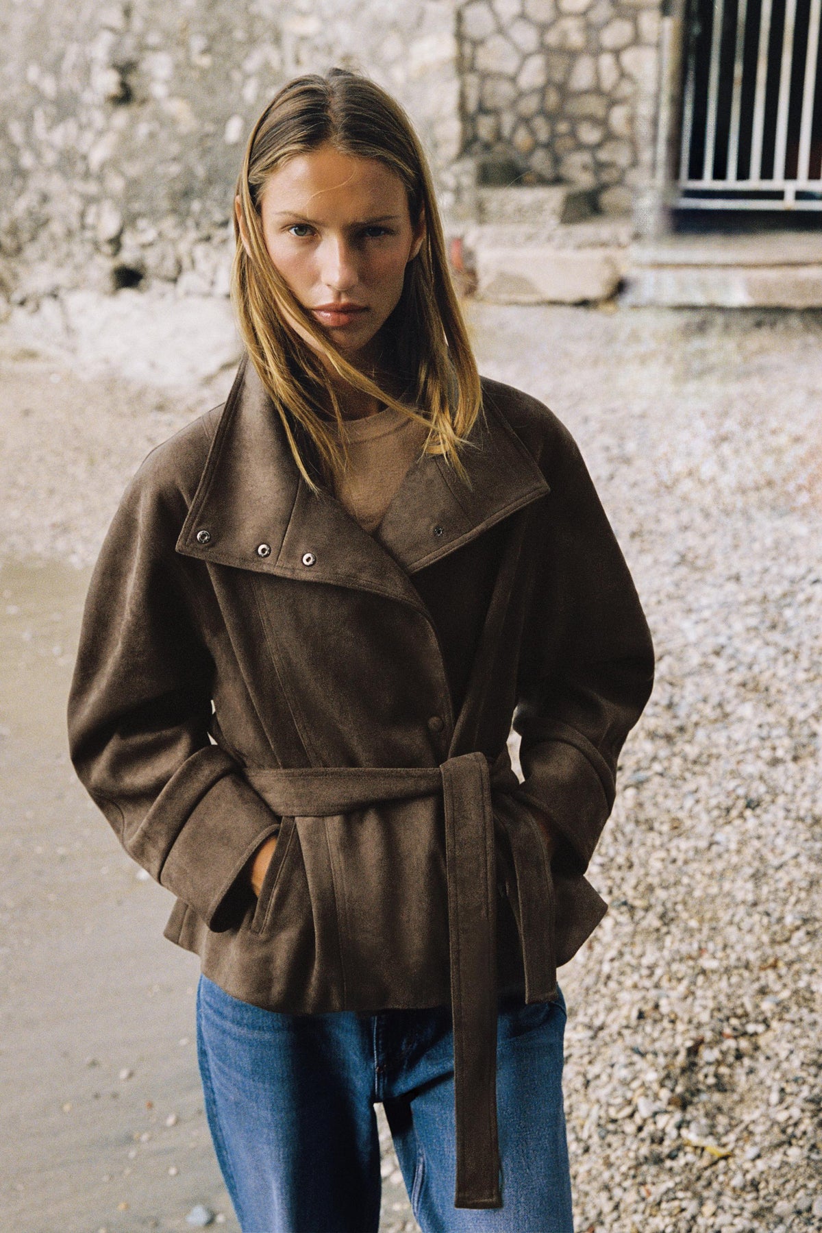 Dark Mink Dark Camel Faux Suede Stand Collar Belted Jacket View 6 | Velvyra Paris